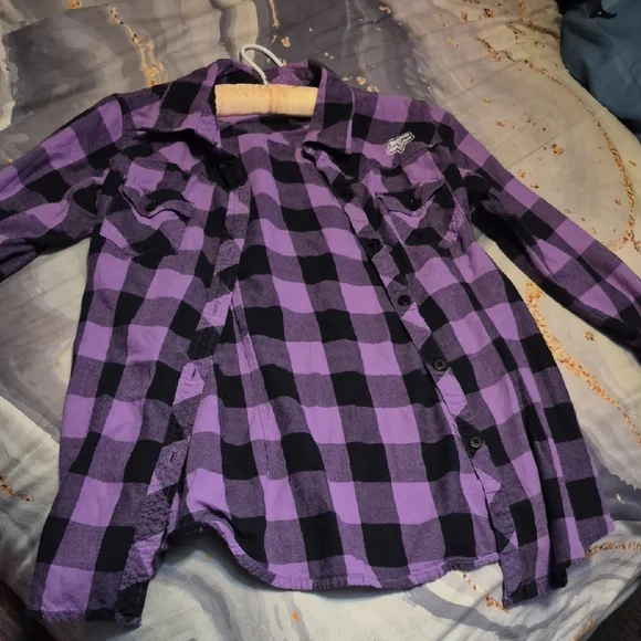 Fox Women's Purple and Black Checkered Button Down Shirt - Picture 1 of 4